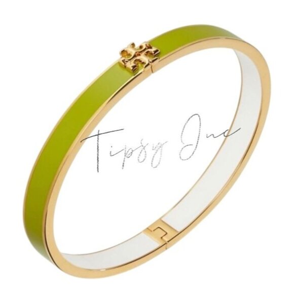 TORY BURCH KIRA ENAMEL 7MM HINGE BANGLE BRACELET IN GREEN & GOLD - Picture 4 of 5